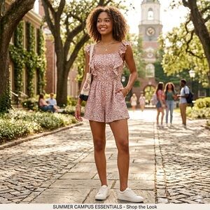 Floral Print Romper with Ruffle Straps